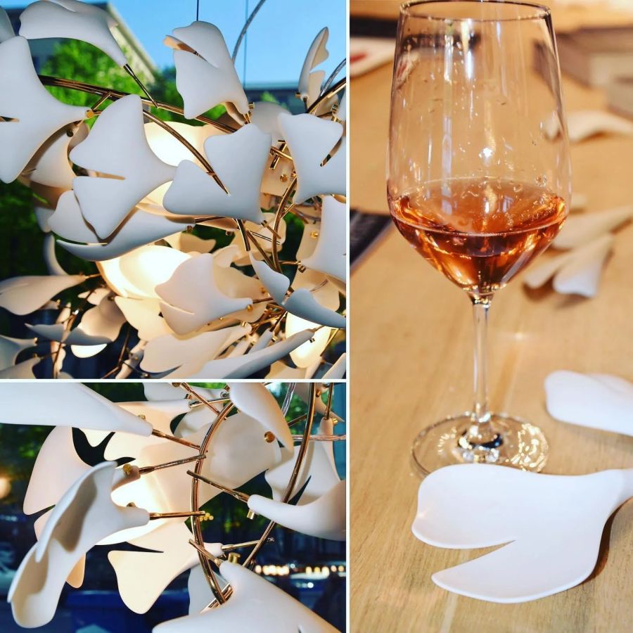 Kroonluchter Keramiek Ginkgo Bladeren Lineair Design Hanglamp Eetkamer Woonkamer Porselein Messing Verlichting | Sansoti