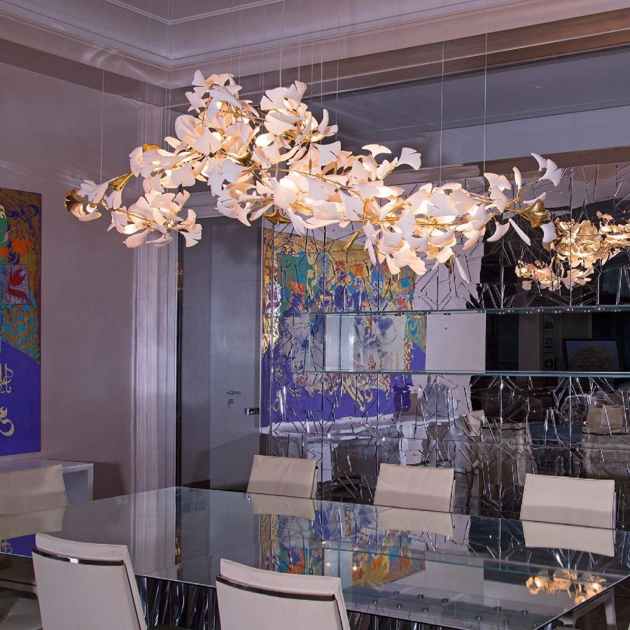 Kroonluchter Keramiek Ginkgo Bladeren Lineair Design Hanglamp Eetkamer Woonkamer Porselein Messing Verlichting | Sansoti