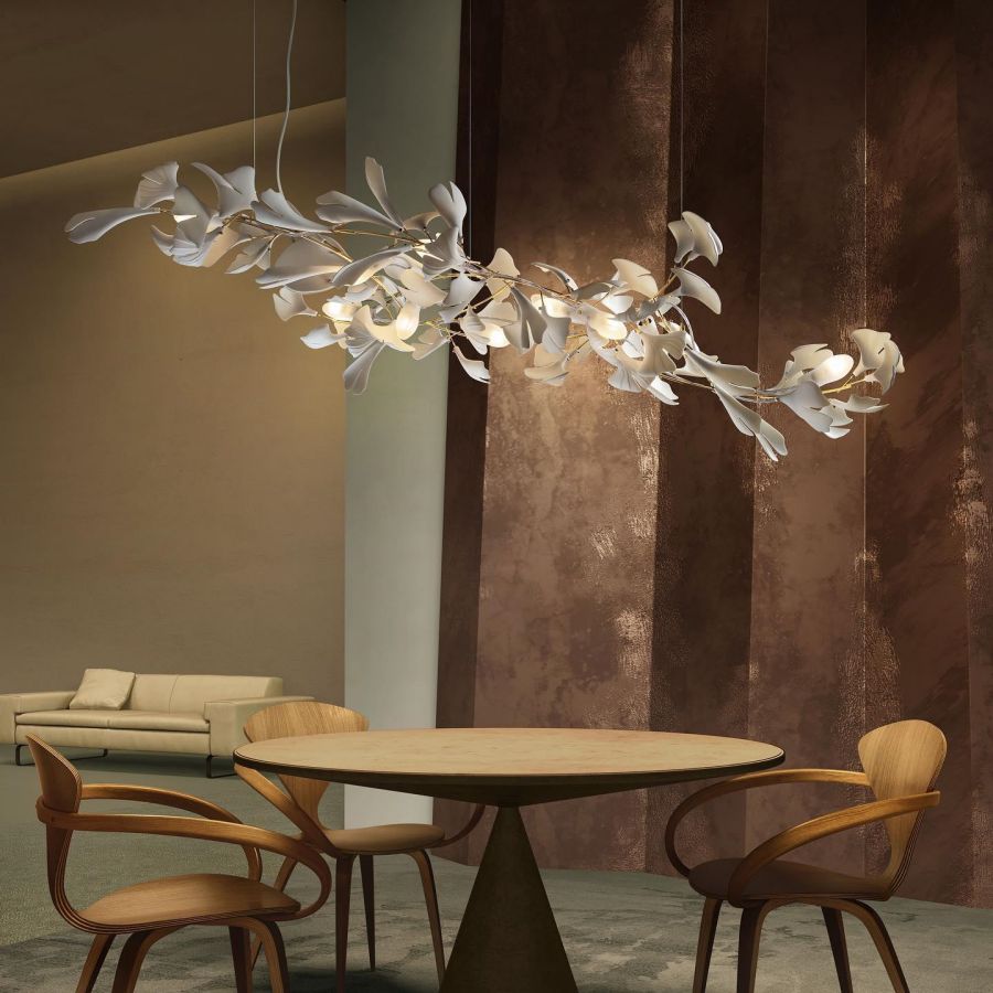 Kroonluchter Keramiek Ginkgo Bladeren Lineair Design Hanglamp Eetkamer Woonkamer Porselein Messing Verlichting | Sansoti