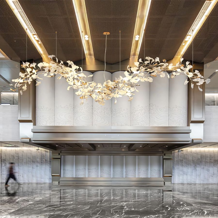 Kroonluchter Keramiek Ginkgo Bladeren Lineair Design Hanglamp Eetkamer Woonkamer Porselein Messing Verlichting | Sansoti