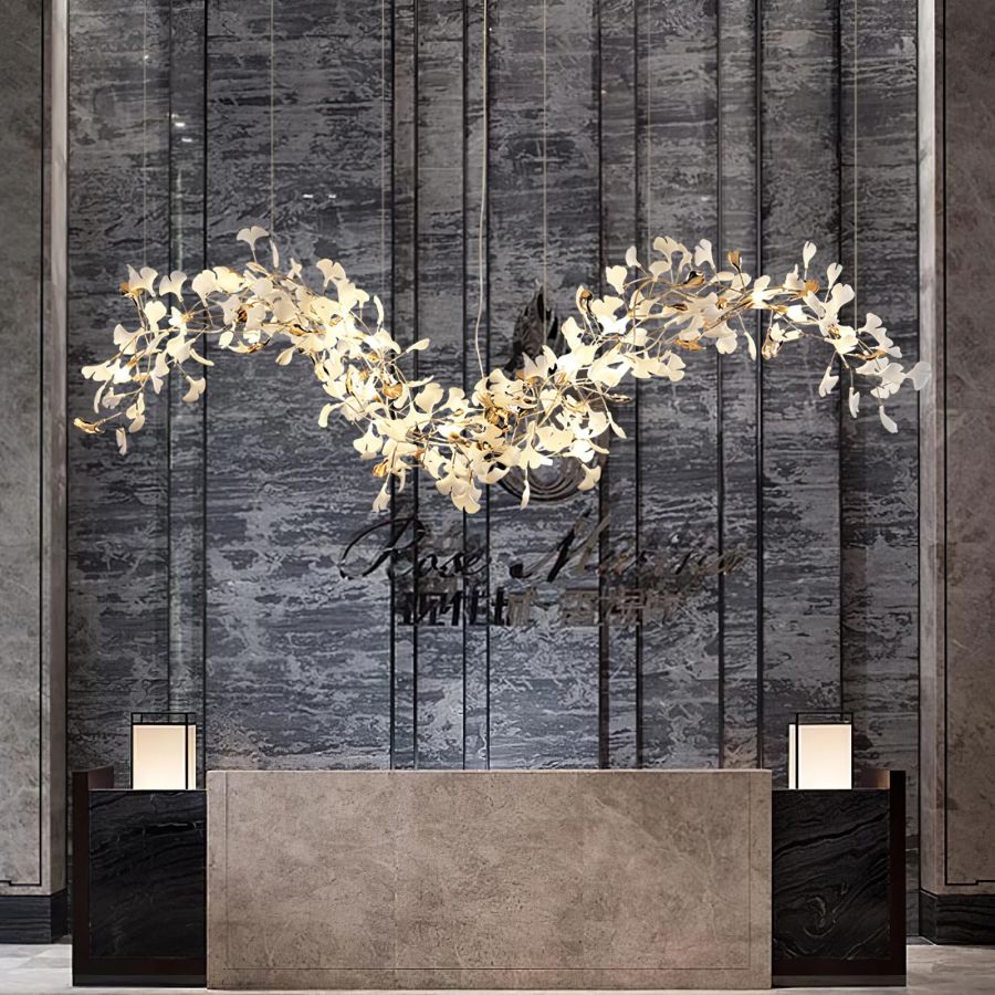 Kroonluchter Keramiek Ginkgo Bladeren Lineair Design Hanglamp Eetkamer Woonkamer Porselein Messing Verlichting | Sansoti