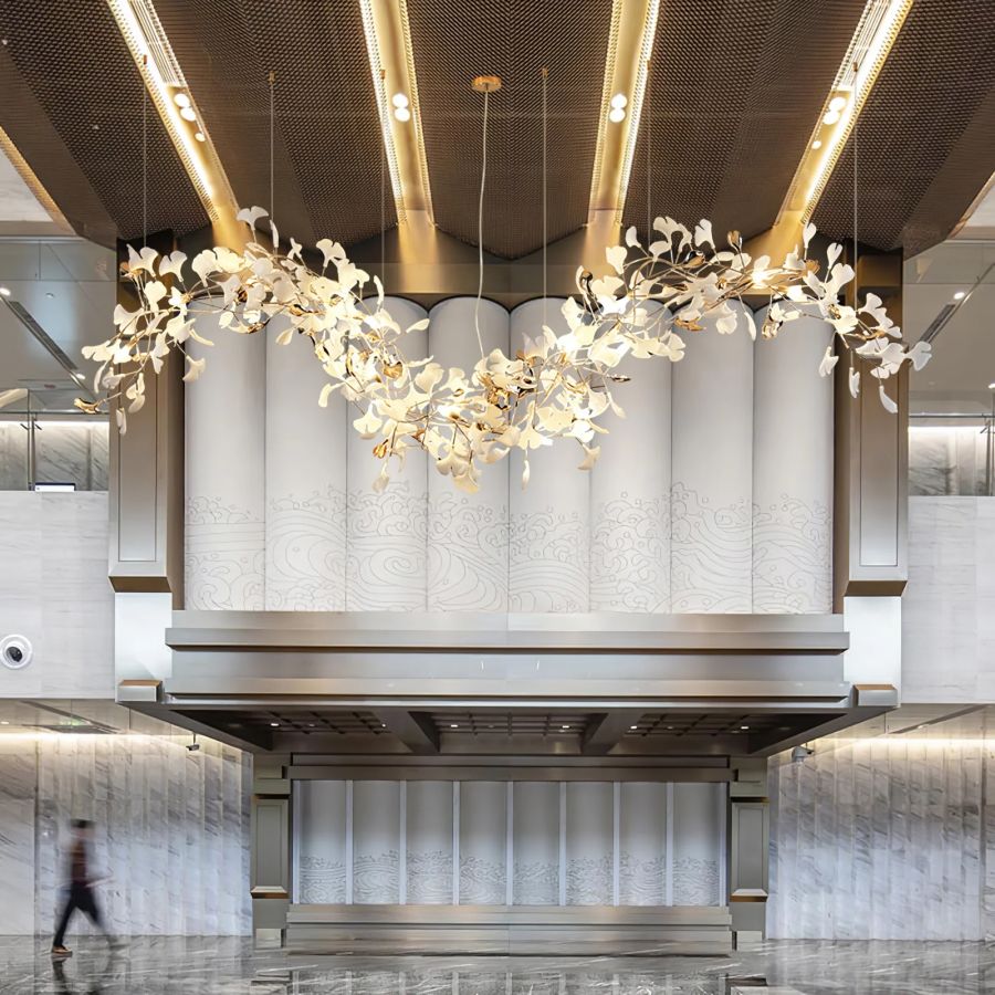 Kroonluchter Keramiek Ginkgo Bladeren Lineair Design Hanglamp Eetkamer Woonkamer Porselein Messing Verlichting | Sansoti