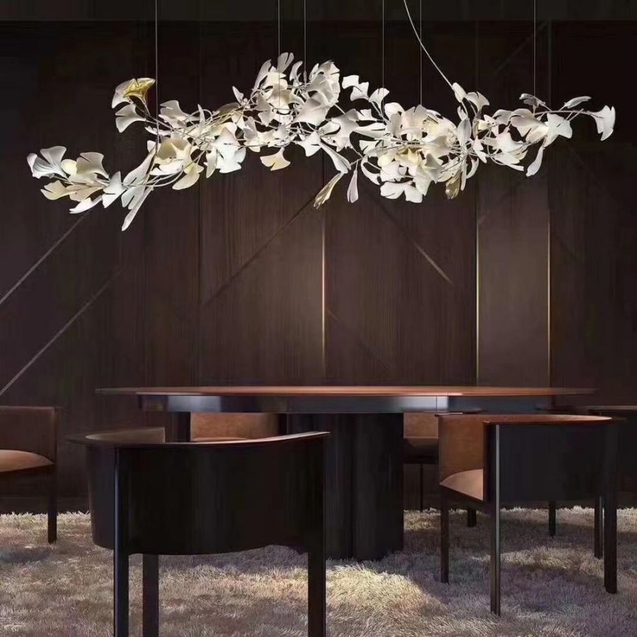 Kroonluchter Keramiek Ginkgo Bladeren Lineair Design Hanglamp Eetkamer Woonkamer Porselein Messing Verlichting | Sansoti