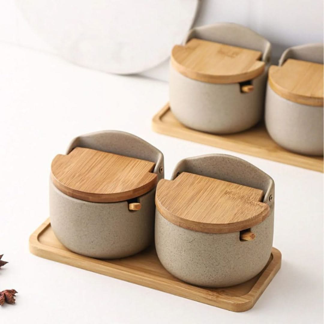 Ceramic Spice Jar Set with Bamboo Lids and Spoons for Salt, Sugar, and Spices, Kitchen Storage Containers | Sansoti