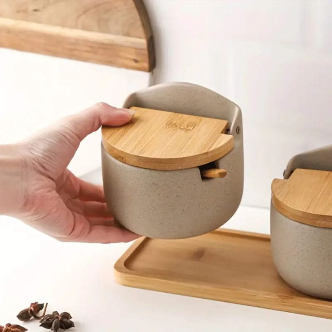 Ceramic Spice Jar Set with Bamboo Lids and Spoons for Salt, Sugar, and Spices, Kitchen Storage Containers | Sansoti