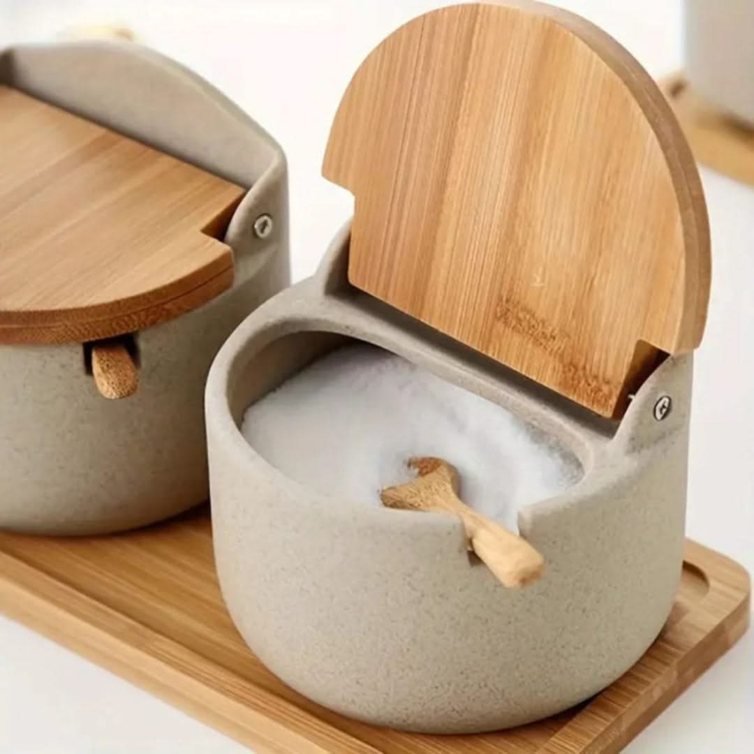 Ceramic Spice Jar Set with Bamboo Lids and Spoons for Salt, Sugar, and Spices, Kitchen Storage Containers | Sansoti