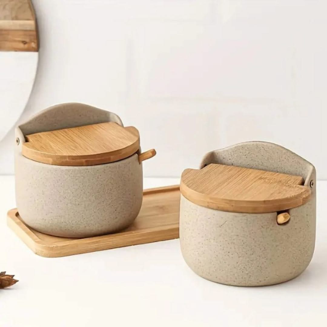Ceramic Spice Jar Set with Bamboo Lids and Spoons for Salt, Sugar, and Spices, Kitchen Storage Containers | Sansoti