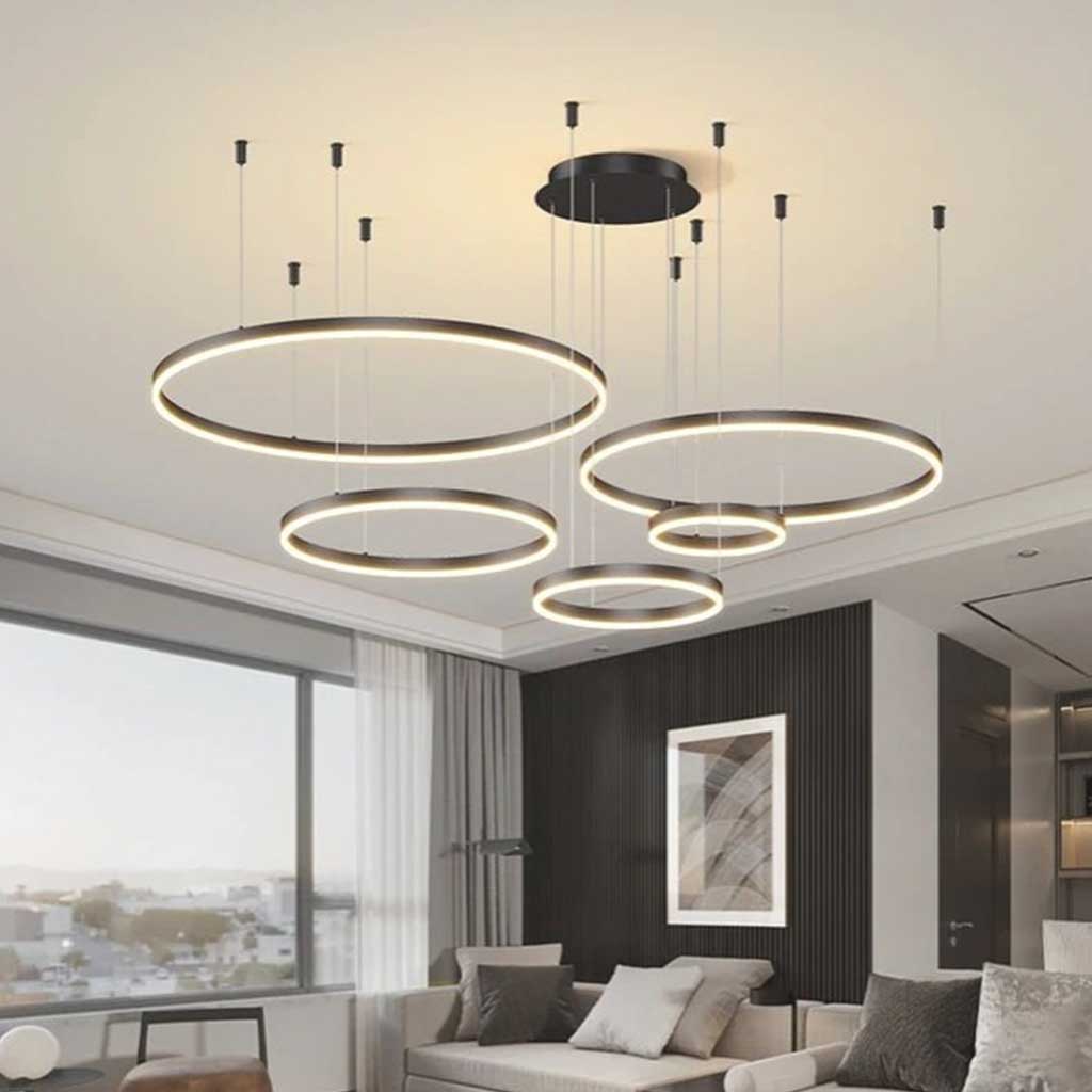 Dimbare Aluminium Kroonluchter met Ringen Zwart Goud Instelbaar LED Licht Moderne Hanglamp Woonkamer | Sansoti