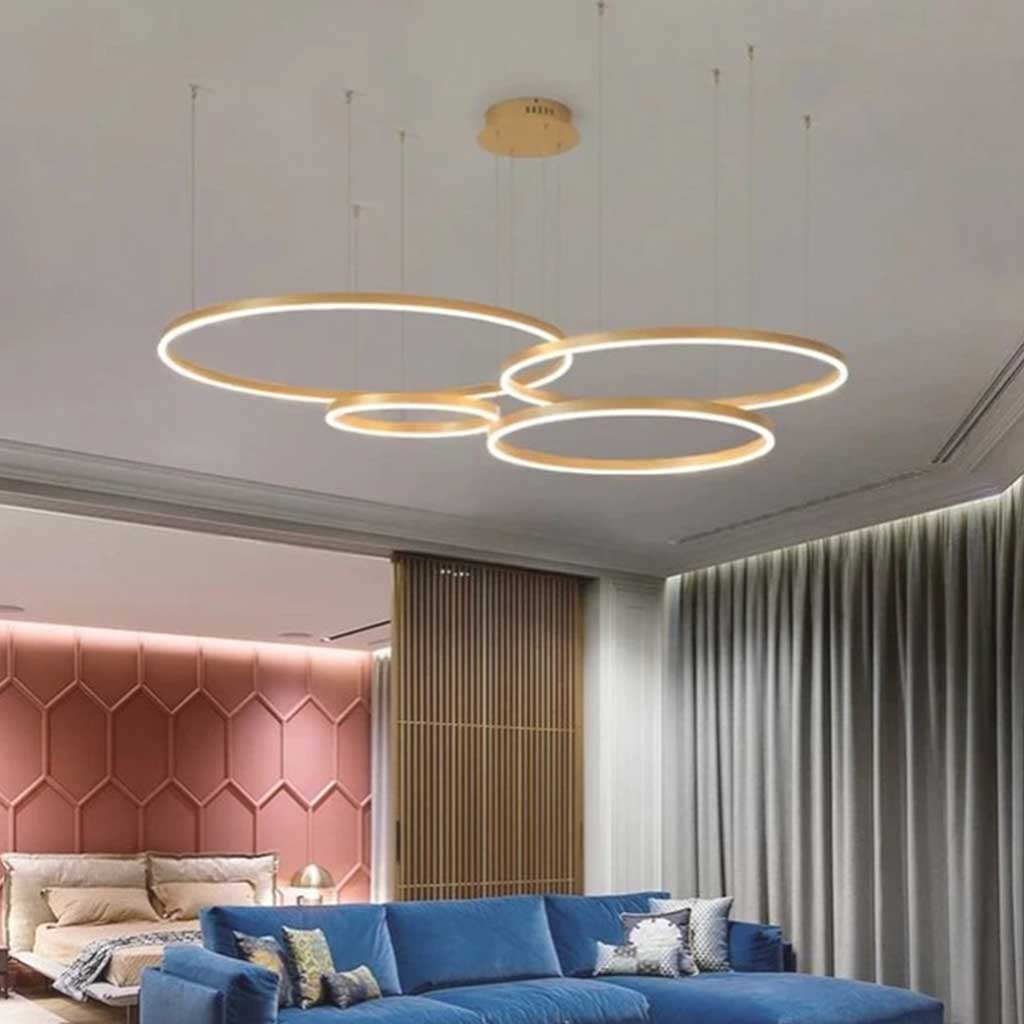 Dimbare Aluminium Kroonluchter met Ringen Zwart Goud Instelbaar LED Licht Moderne Hanglamp Woonkamer | Sansoti