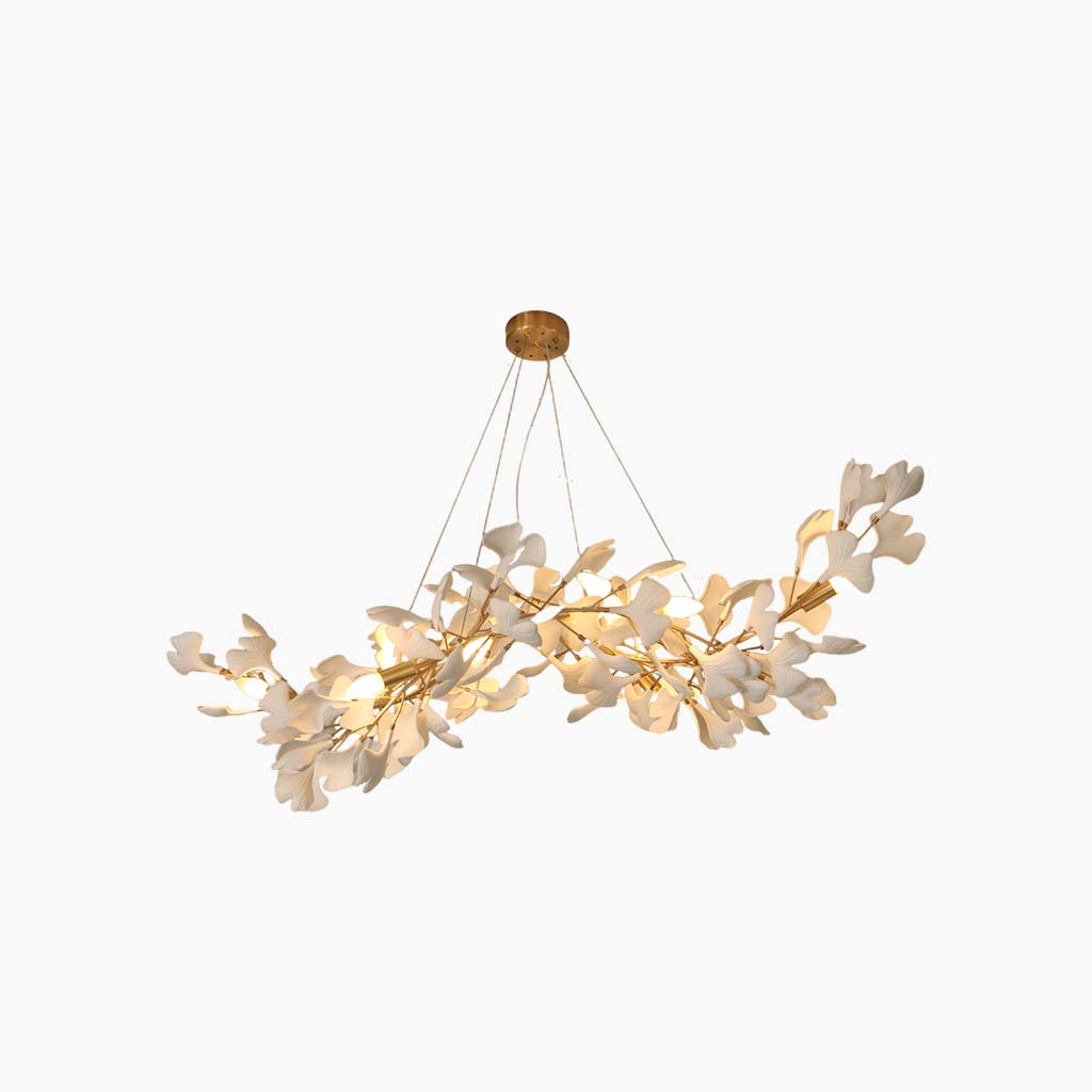 Ginkgo Leaf Chandelier, Ceramic, Gold-Colored and White, Pendant Light, Dining Room, Living Room, Bedroom Lighting | Sansoti