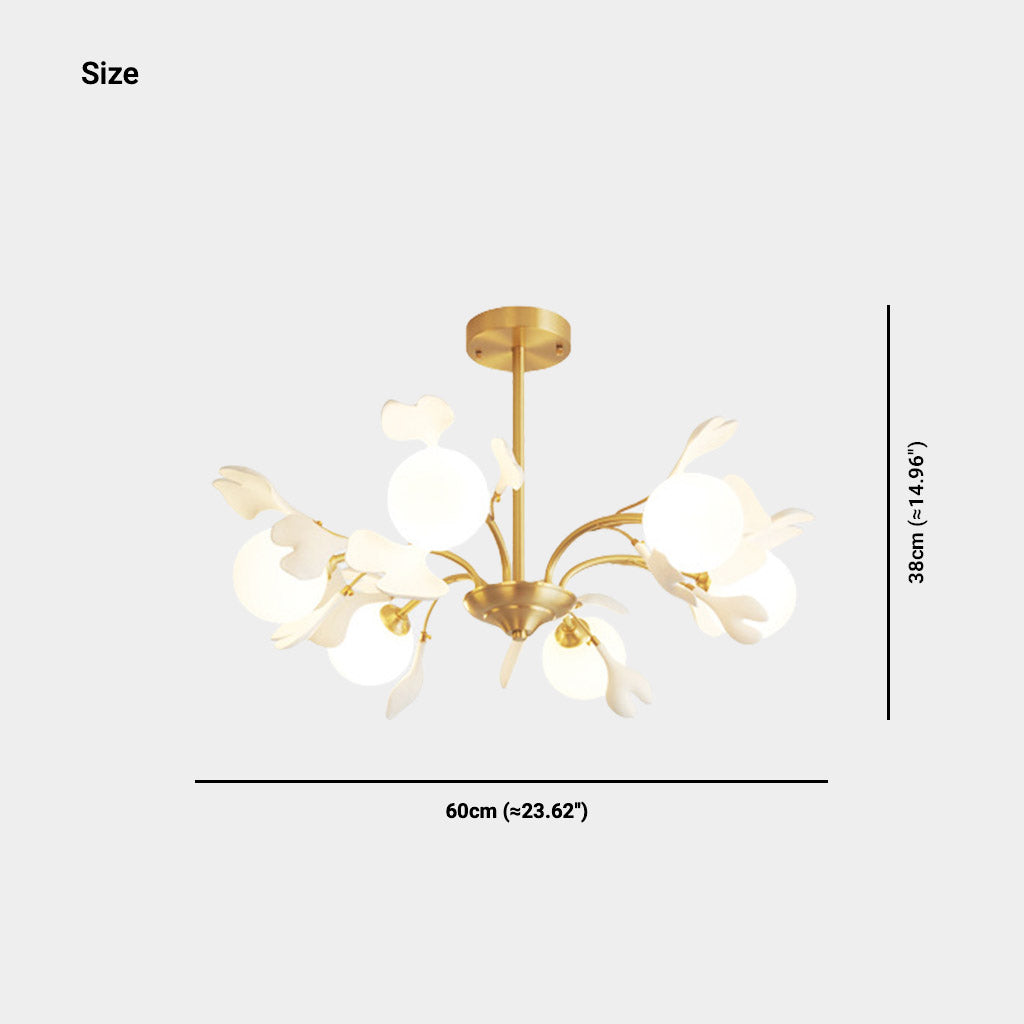 Lustre avec boules en verre, feuilles de ginkgo en céramique et laiton, structure en laiton, lumière chaude, pour salon et salle à manger | Sansoti