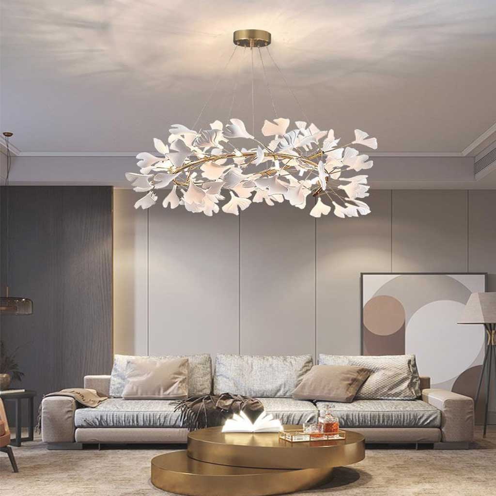 Keramischer Kronleuchter mit Ginkgoblättern Weiß Gold LED-Deckenleuchte Esszimmer Wohnzimmer Modern Skandinavisch | Sansoti