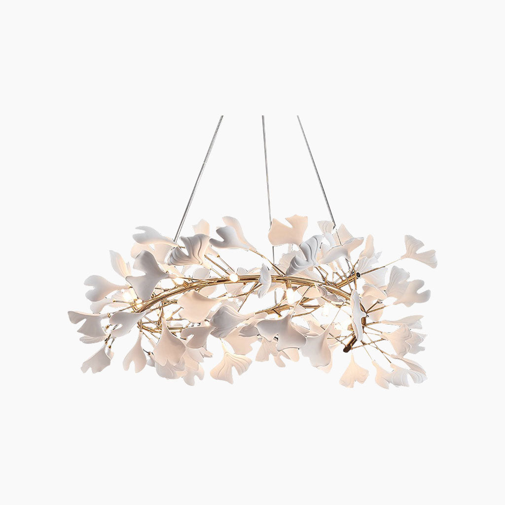Keramischer Kronleuchter mit Ginkgoblättern Weiß Gold LED-Deckenleuchte Esszimmer Wohnzimmer Modern Skandinavisch | Sansoti