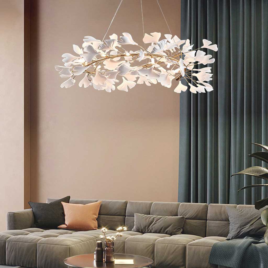 Keramischer Kronleuchter mit Ginkgoblättern Weiß Gold LED-Deckenleuchte Esszimmer Wohnzimmer Modern Skandinavisch | Sansoti