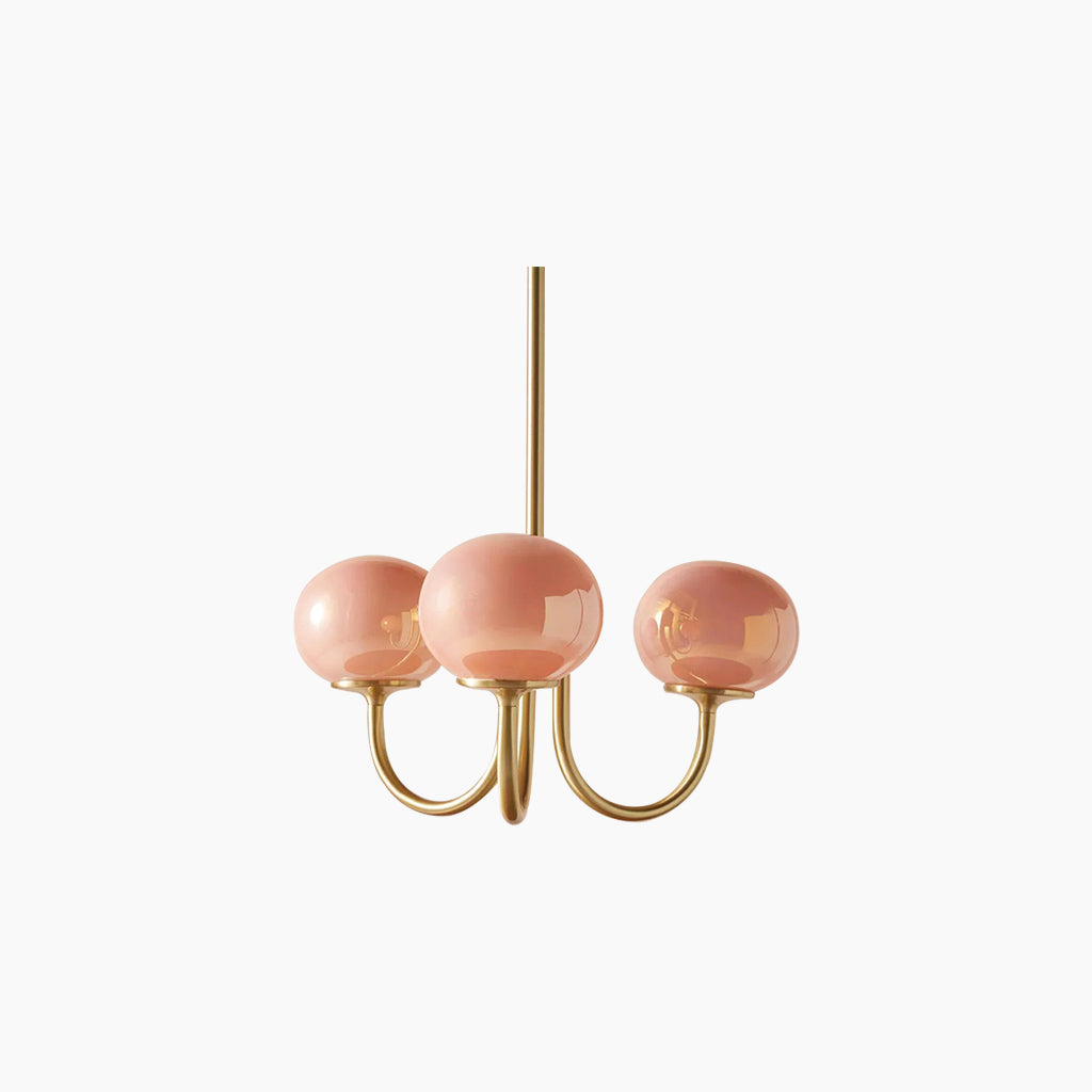 Glaskugel-Kronleuchter mit goldenem Gestell, 3 oder 5 Leuchtmittel, Rosa-Weiß, modern, romantisch, elegante Hängeleuchte für das Wohnzimmer | Sansoti
