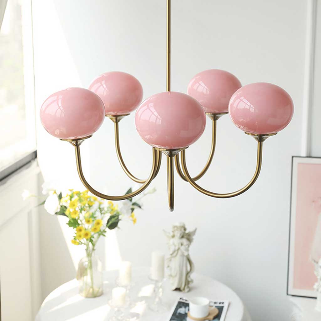 Glaskugel-Kronleuchter mit goldenem Gestell, 3 oder 5 Leuchtmittel, Rosa-Weiß, modern, romantisch, elegante Hängeleuchte für das Wohnzimmer | Sansoti