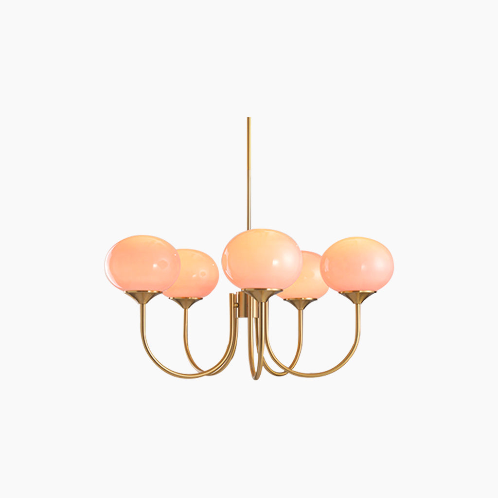 Glaskugel-Kronleuchter mit goldenem Gestell, 3 oder 5 Leuchtmittel, Rosa-Weiß, modern, romantisch, elegante Hängeleuchte für das Wohnzimmer | Sansoti