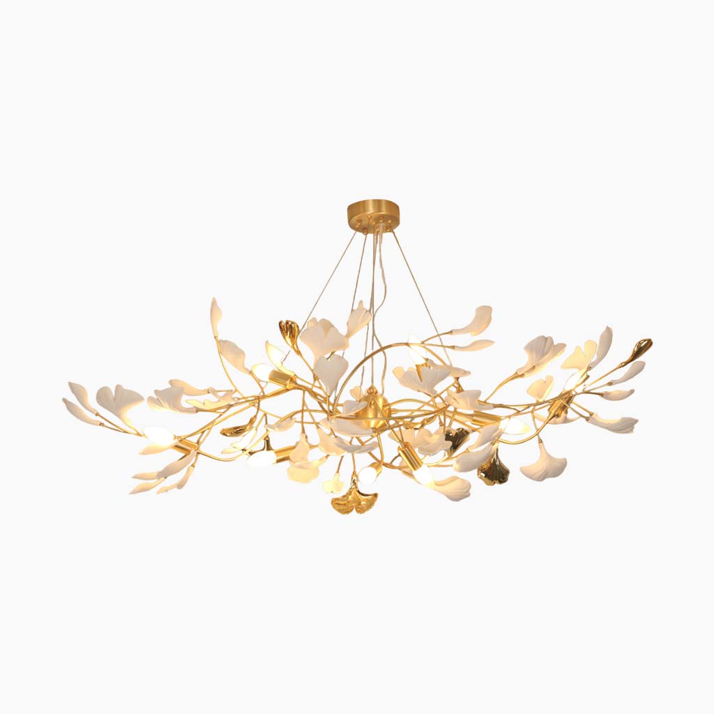 Kroonluchter Ginkgo Bladeren Keramiek Goudkleurig Wit Hanglamp Eetkamer Woonkamer Slaapkamer Verlichting | Sansoti