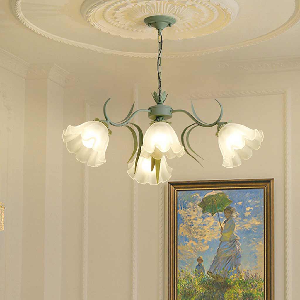 Kroonluchter Metaal Glas Lelietje-van-Dalen Bloemen Groen Wit Hanglamp Eetkamer Woonkamer Romantisch Sfeerlicht | Sansoti