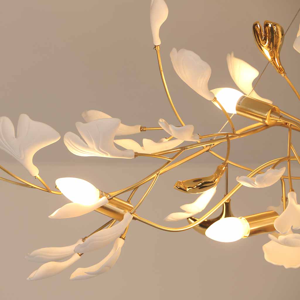 Ginkgo Leaf Chandelier, Ceramic, Gold-Colored and White, Pendant Light, Dining Room, Living Room, Bedroom Lighting | Sansoti