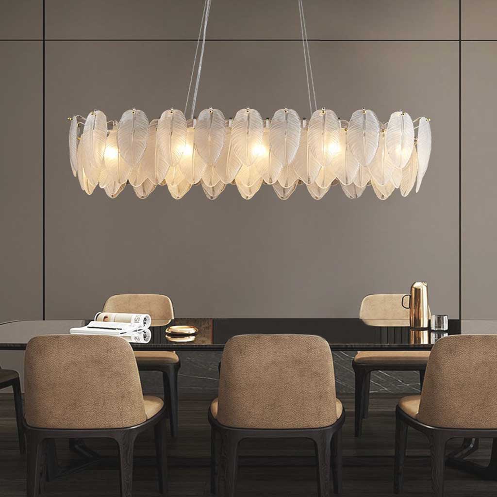 Chandelier Glass Feathers Round Rectangular Gold White LED Ceiling Light Modern Scandinavian Luxury Lighting | Sansoti