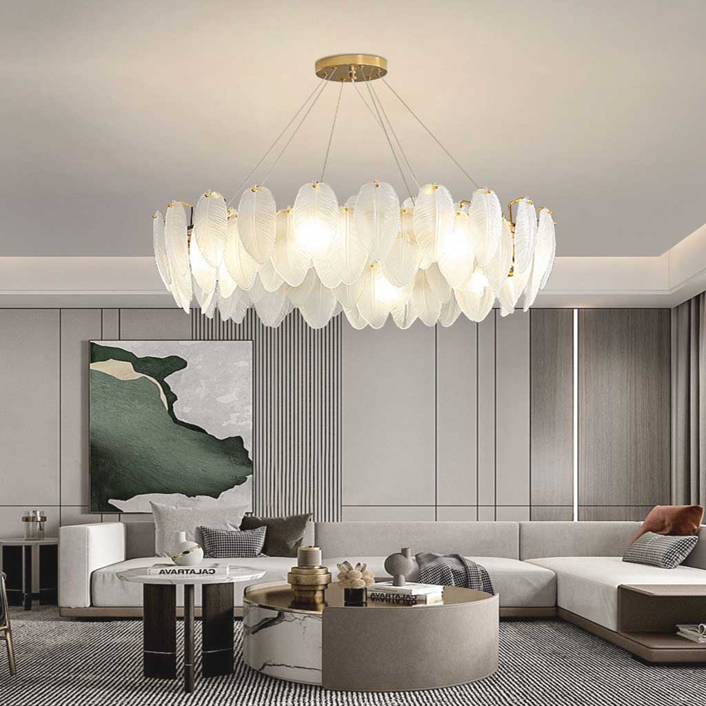 Chandelier Glass Feathers Round Rectangular Gold White LED Ceiling Light Modern Scandinavian Luxury Lighting | Sansoti