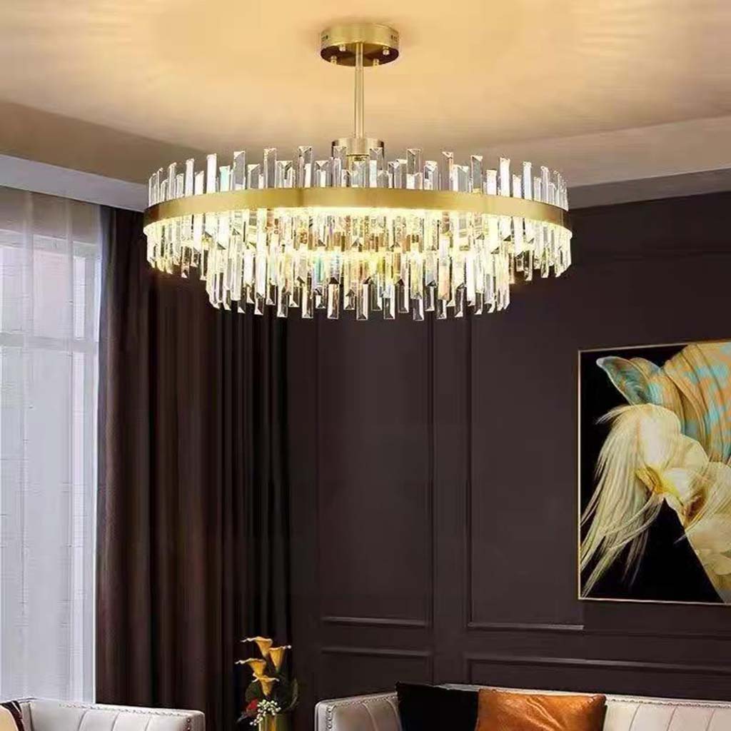 Lustre en cristal LED doré, forme ronde ovale, couleur de lumière réglable, pour salle à manger et salon, design moderne luxueux | Sansoti