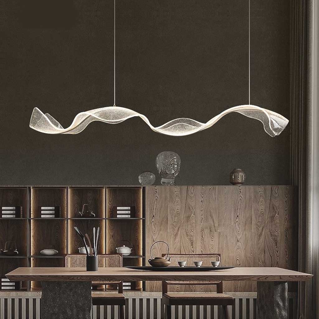Lustre en acrylique en forme de ruban ondulé doré, LED à intensité variable, 100-220 cm, pour salle à manger et salon, design moderne luxueux | Sansoti