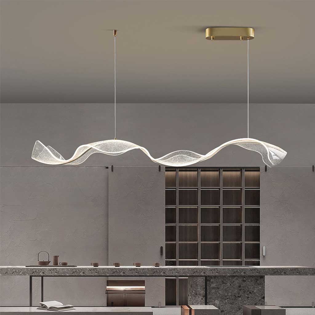 Lustre en acrylique en forme de ruban ondulé doré, LED à intensité variable, 100-220 cm, pour salle à manger et salon, design moderne luxueux | Sansoti