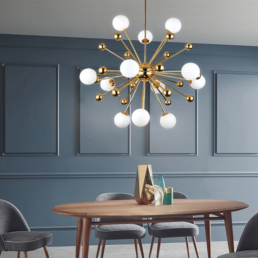 Glas-Hängeleuchte Goldfarben mit Milchglas Modernes Sputnik-Design 11–18 Leuchtpunkte Verstellbar Wohnzimmer | Sansoti