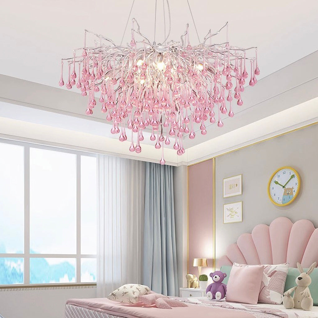 Kristallen Druppel Kroonluchter Takdesign Roze Blauw Rond Ovaal Dimbaar 40-250cm Meisjes Slaapkamer Plafondlamp | Sansoti