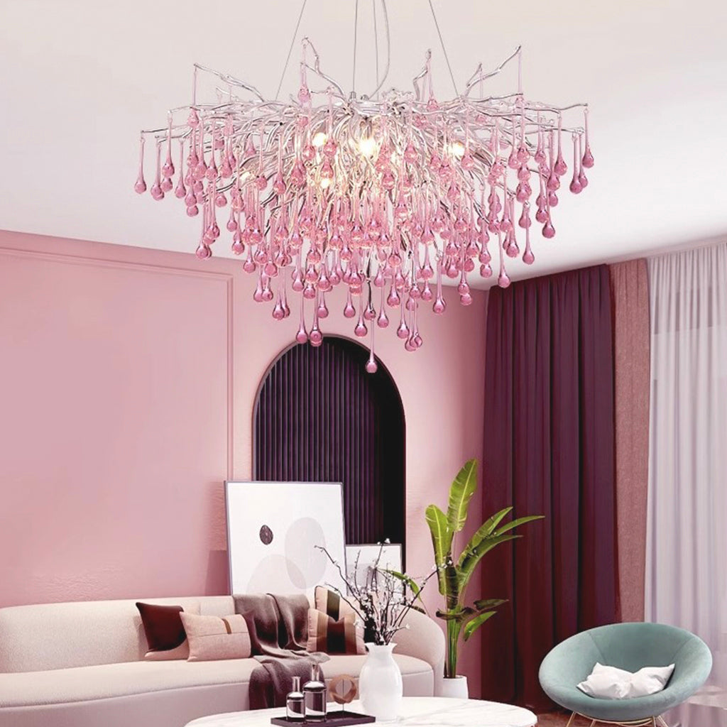 Kristallen Druppel Kroonluchter Takdesign Roze Blauw Rond Ovaal Dimbaar 40-250cm Meisjes Slaapkamer Plafondlamp | Sansoti