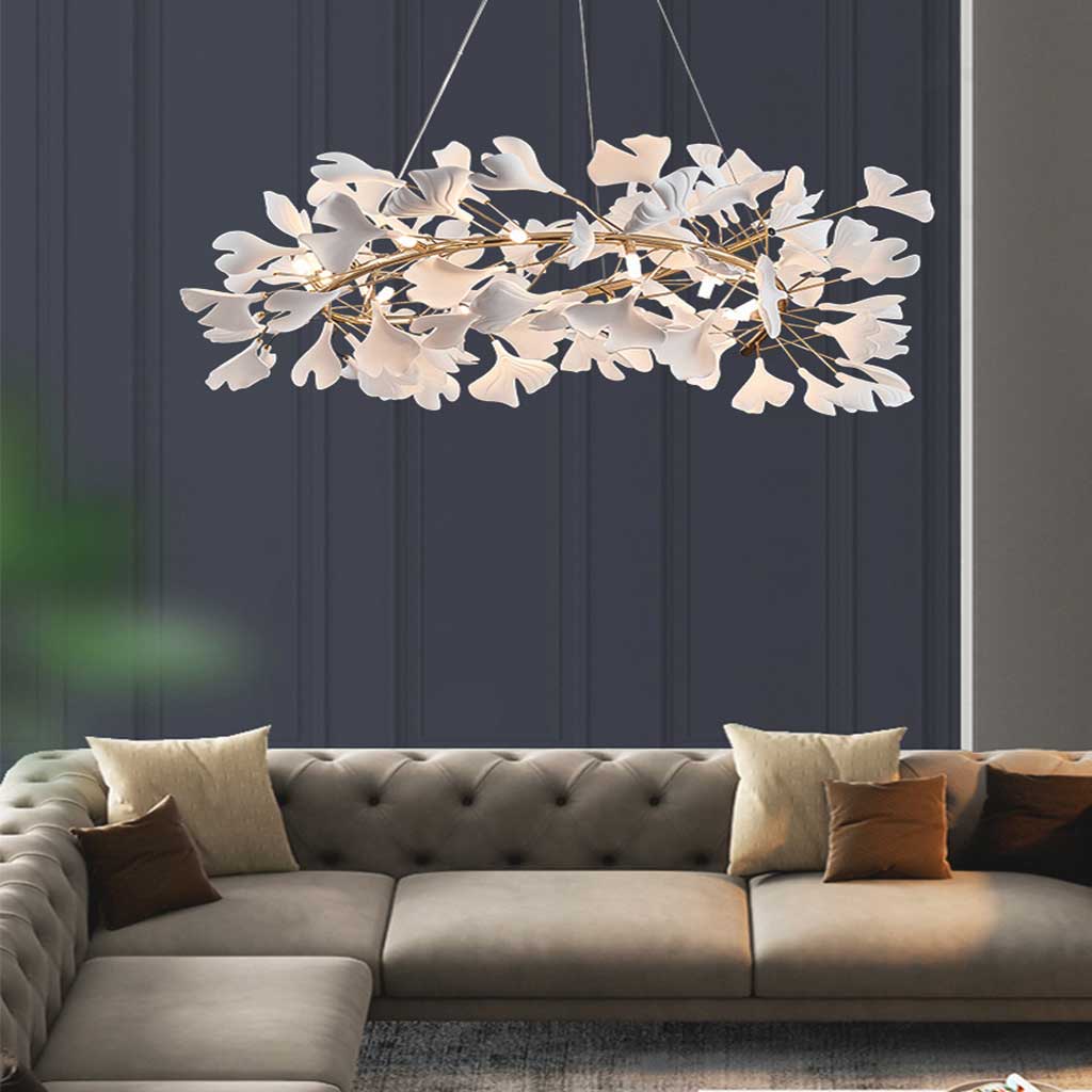 Keramischer Kronleuchter mit Ginkgoblättern Weiß Gold LED-Deckenleuchte Esszimmer Wohnzimmer Modern Skandinavisch | Sansoti