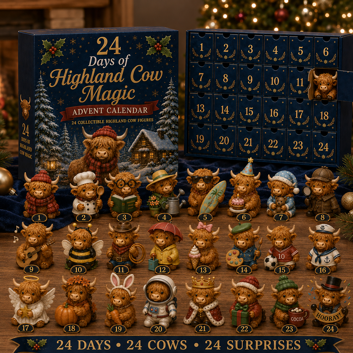 Calendrier de l'Avent avec 24 figurines de vaches Highland, compte à rebours de Noël, décoration, coffret de collection, idée de cadeau festif | Sansoti
