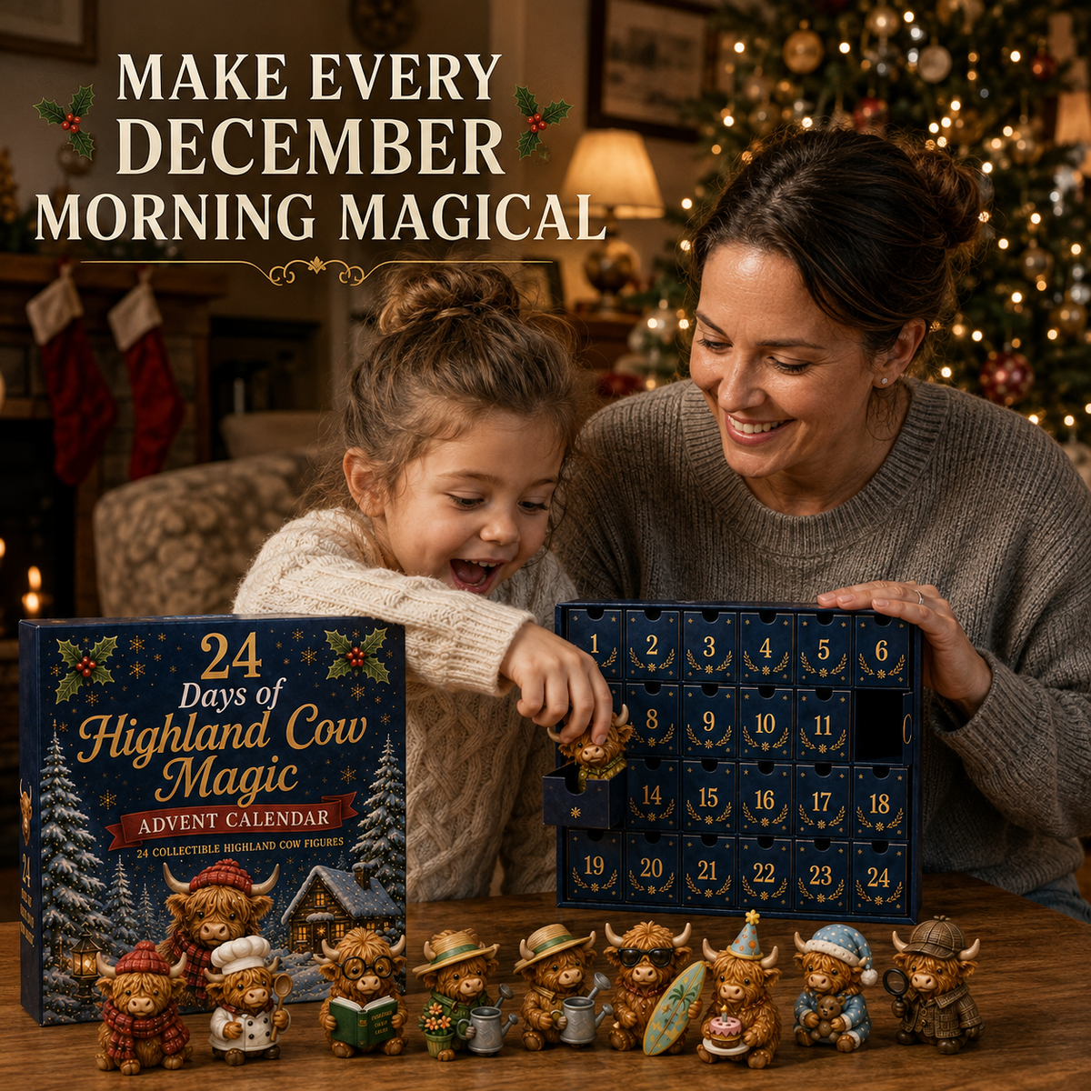 Calendrier de l'Avent avec 24 figurines de vaches Highland, compte à rebours de Noël, décoration, coffret de collection, idée de cadeau festif | Sansoti
