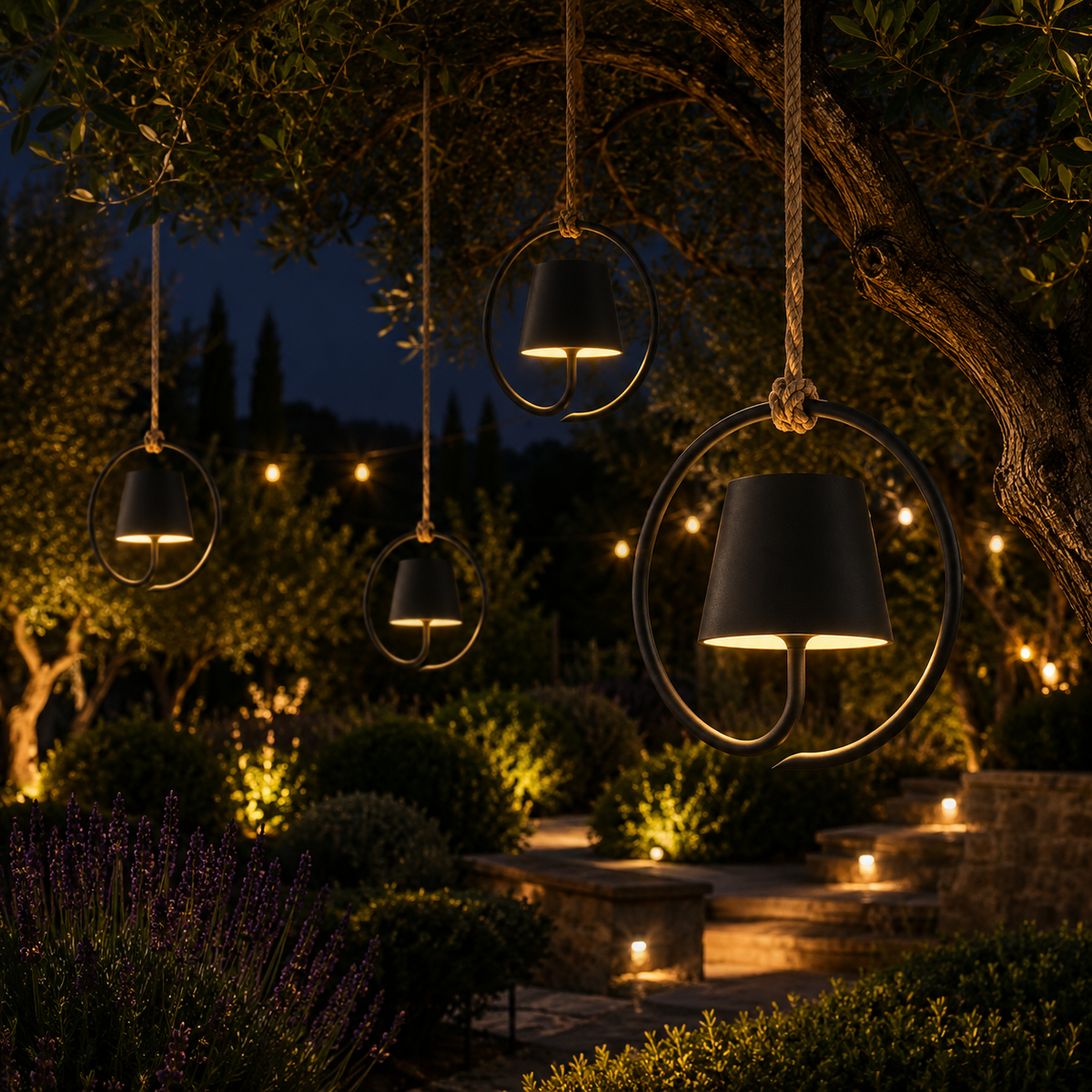 Suspension sans fil rechargeable pour extérieur étanche à intensité réglable USB-C corde de jute éclairage d’ambiance terrasse jardin | Sansoti