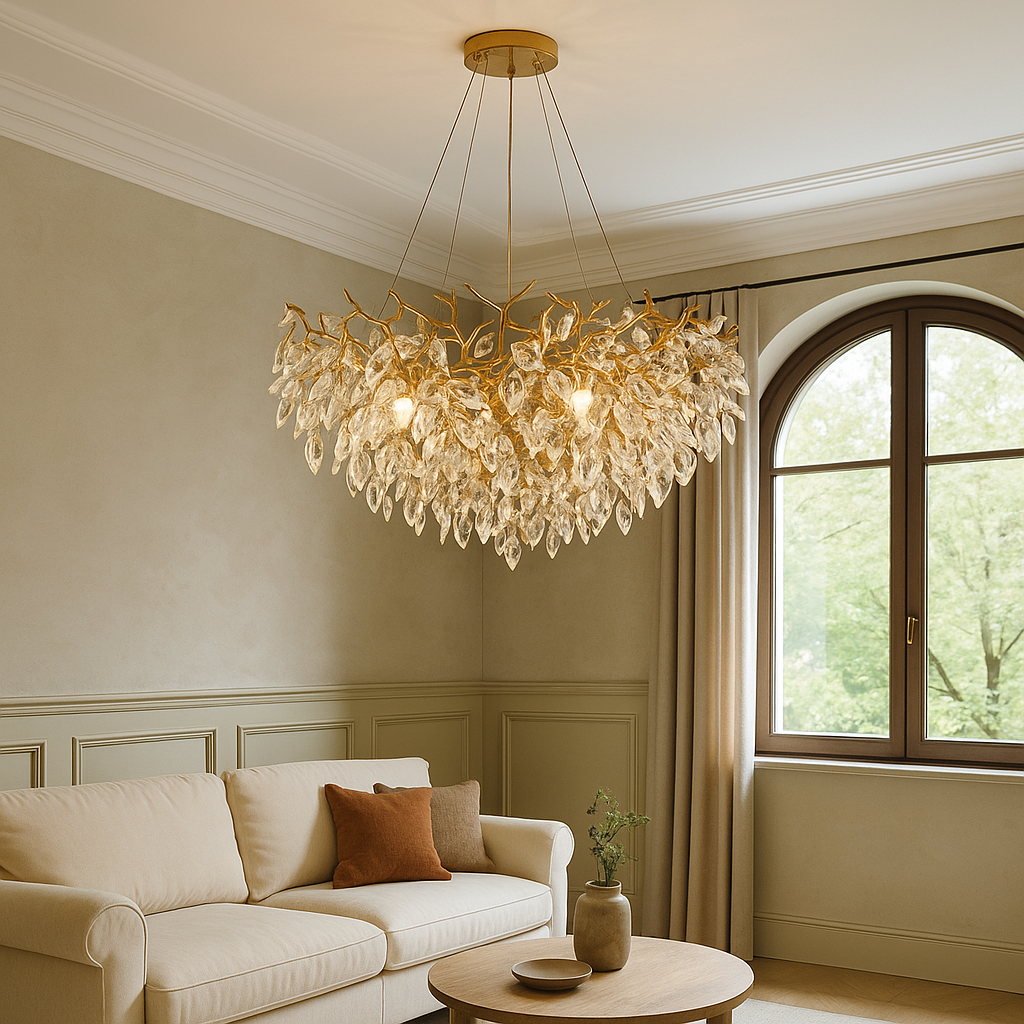 Ronde kristallen kroonluchter Ø80 cm kristal aluminium goud eetkamer plafondlamp luxe verlichting modern design | Sansoti
