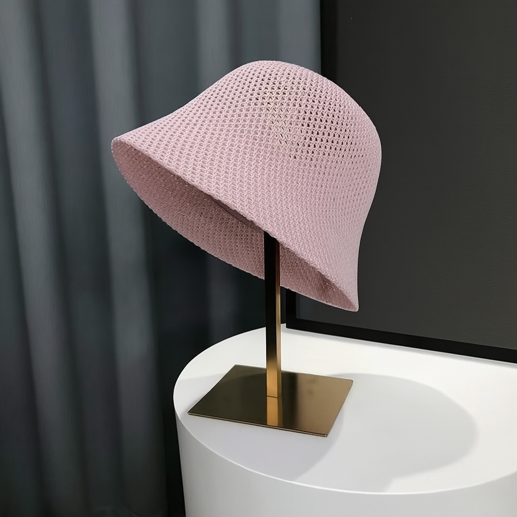 Dzianinowy kapelusz typu bucket hat dla kobiet, poliester, beżowy, khaki, czarny lub różowy, ochrona przeciwsłoneczna, składany kapelusz letni na plażę | Sansoti