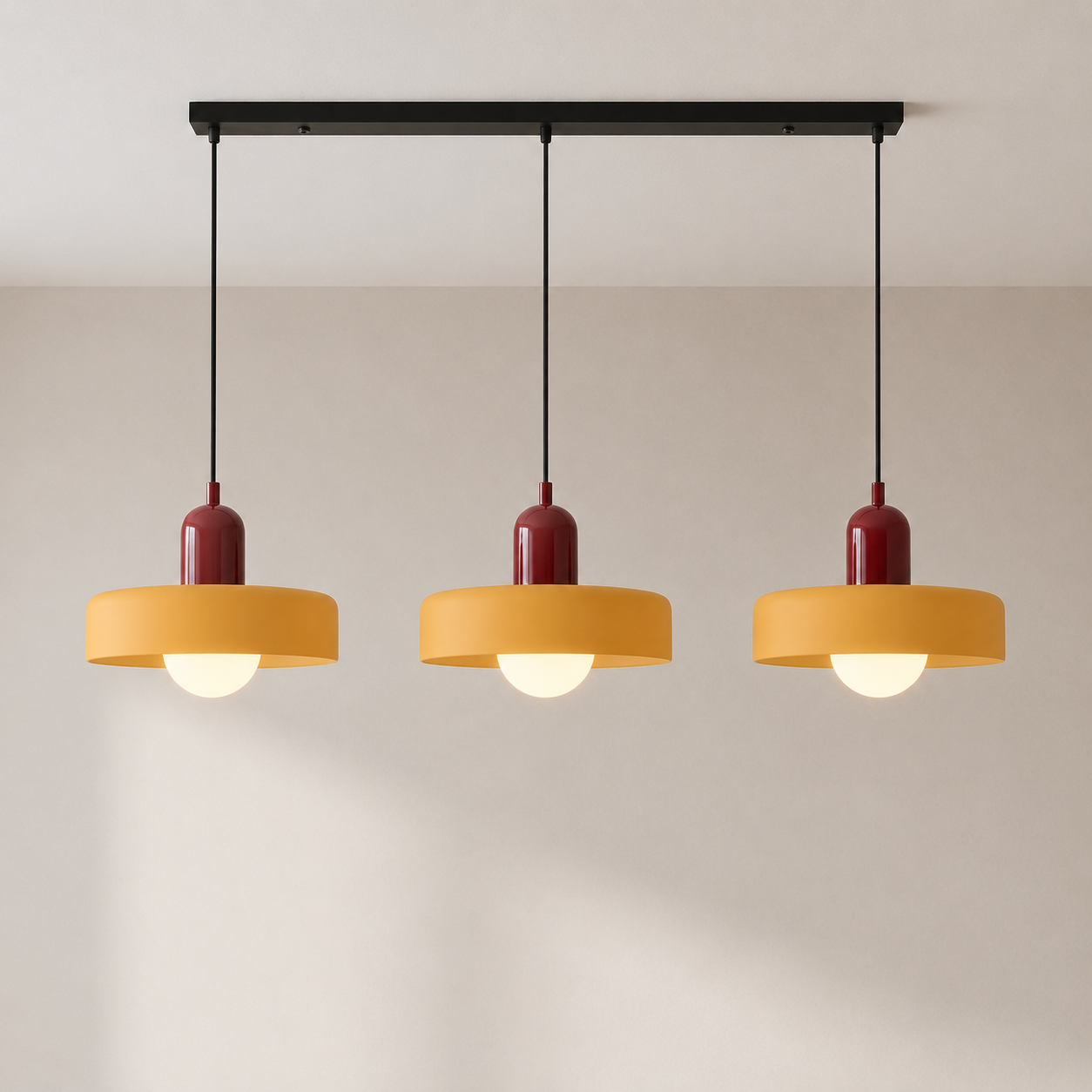 Lampa wisząca z 3 kloszami z kolorowego szkła, design Bauhaus, jadalnia, regulowana, ciepła biel, nowoczesne artystyczne wnętrze | Sansoti