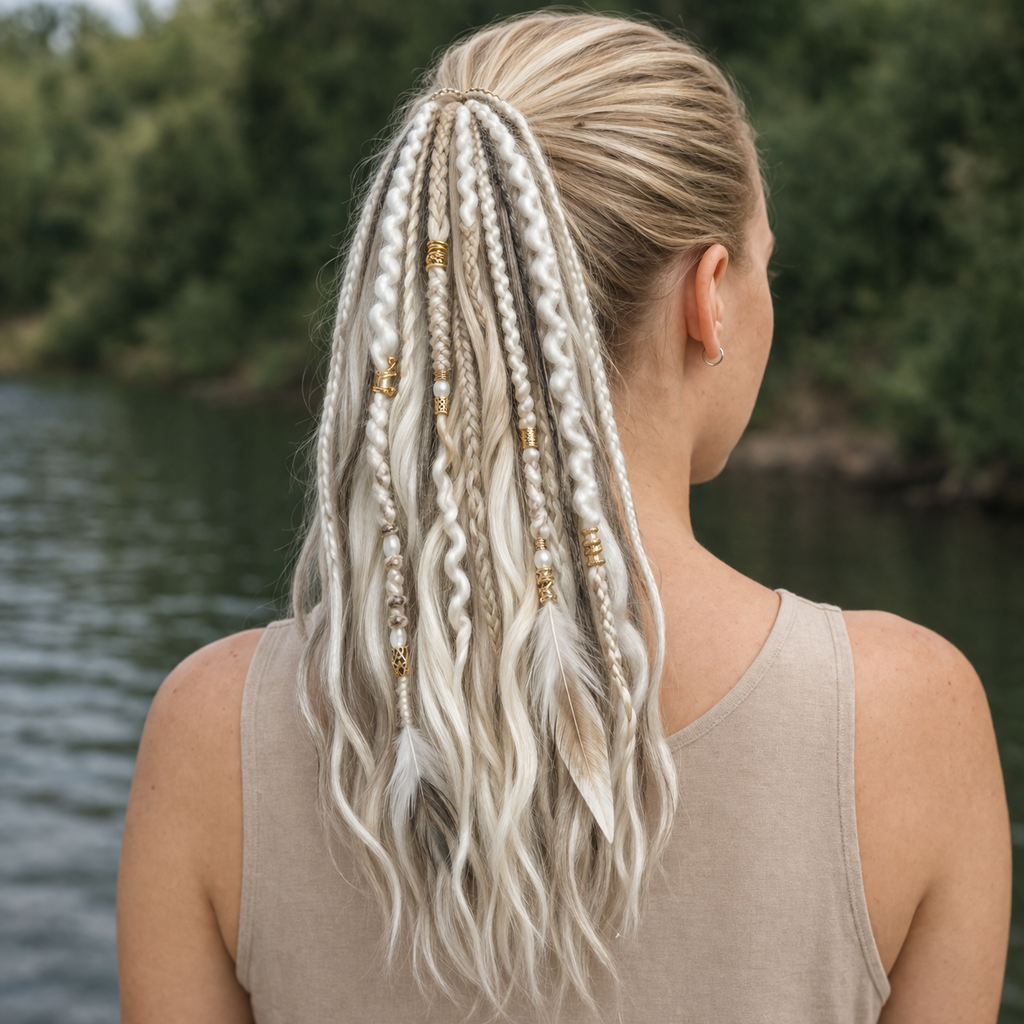 Extension capillaire bohème en queue-de-cheval 50cm, cheveux synthétiques, 8 mèches dreadlocks, accessoire de tressage coloré | Sansoti