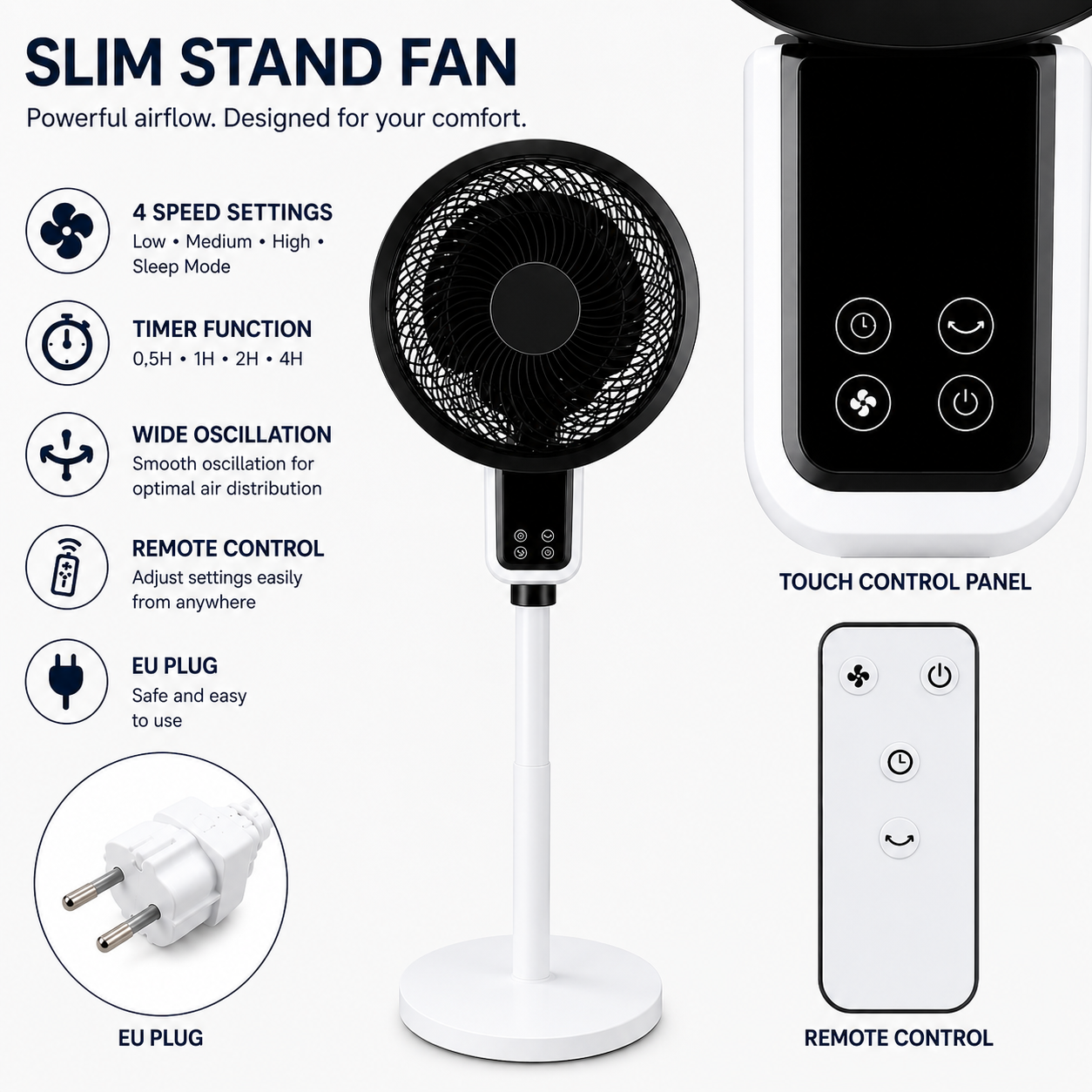 Standing Fan with 3D Oscillation and Quiet Operation 36 dB Compact Fan Timer 2-8 Hours Air Circulation Home Office | Sansoti