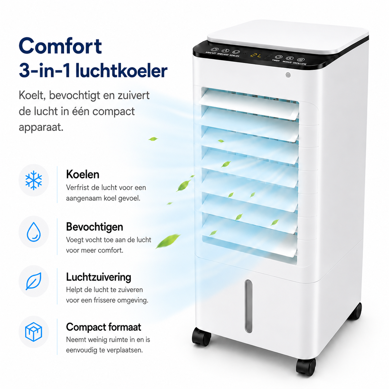 Draagbare Mobiele Aircooler 3-in-1 met 7L Watertank en Afstandsbediening – Energiezuinige Luchtbevochtiger met Timer voor Thuis en Kantoor | Sansoti
