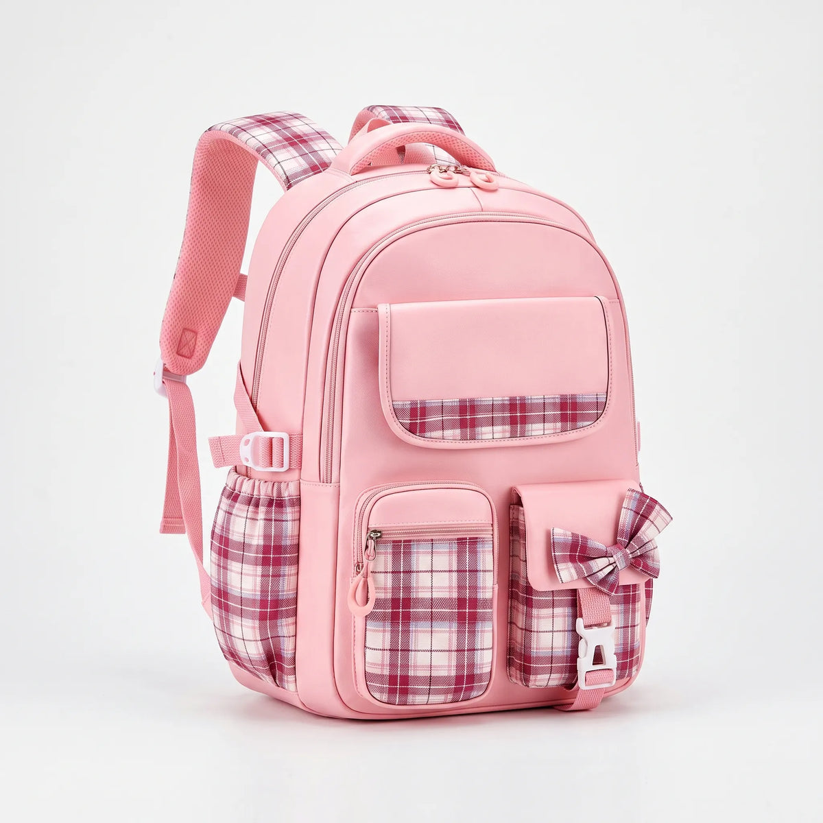 School backpack with plaid detail and ergonomic shoulder straps for elementary school students' daily use | Sansoti