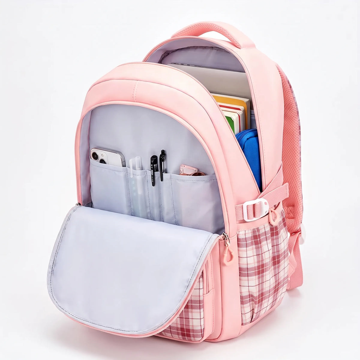 School backpack with plaid detail and ergonomic shoulder straps for elementary school students' daily use | Sansoti