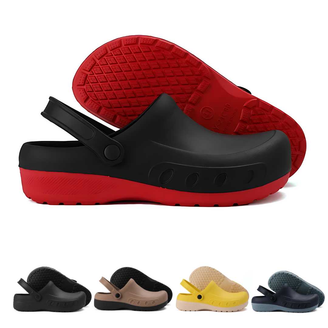 Non-Slip Kitchen Work Shoes, Black Red Blue, Comfortable Waterproof Professional Footwear for Catering and Home Cooks | Sansoti