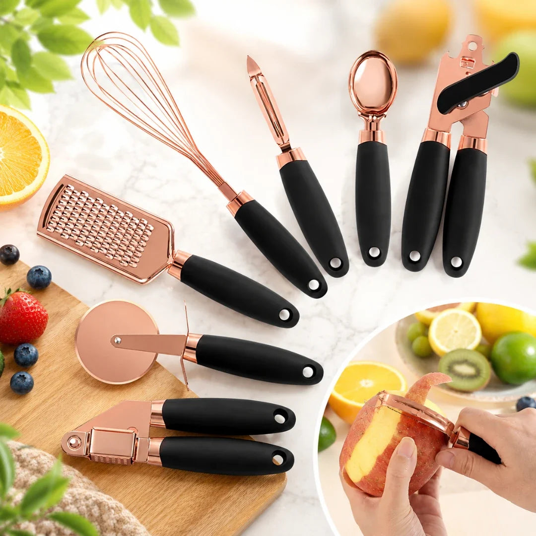 Keukengerei Set 7-Delig met Zachte Handvatten Roségoud Afwerking Compleet Keukenset Kookgerei Spatels | Sansoti