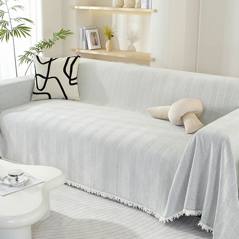 Chenille Plaid met Visgraatpatroon en Kwasten – Zachte Bankdeken 180x130cm – Decoratief Woonkleed voor Sofa | Sansoti