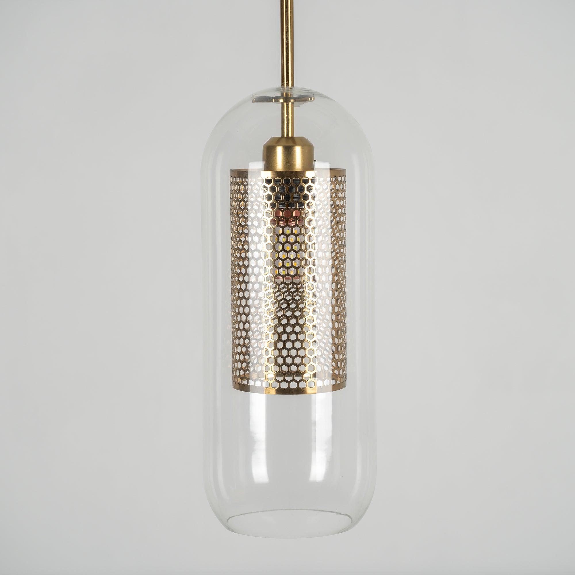Glazen Hanglamp met Metalen Gaaskap Transparant Amber Zwart Goud 20-30cm Scandinavisch Design Eetkamer Keuken | Sansoti