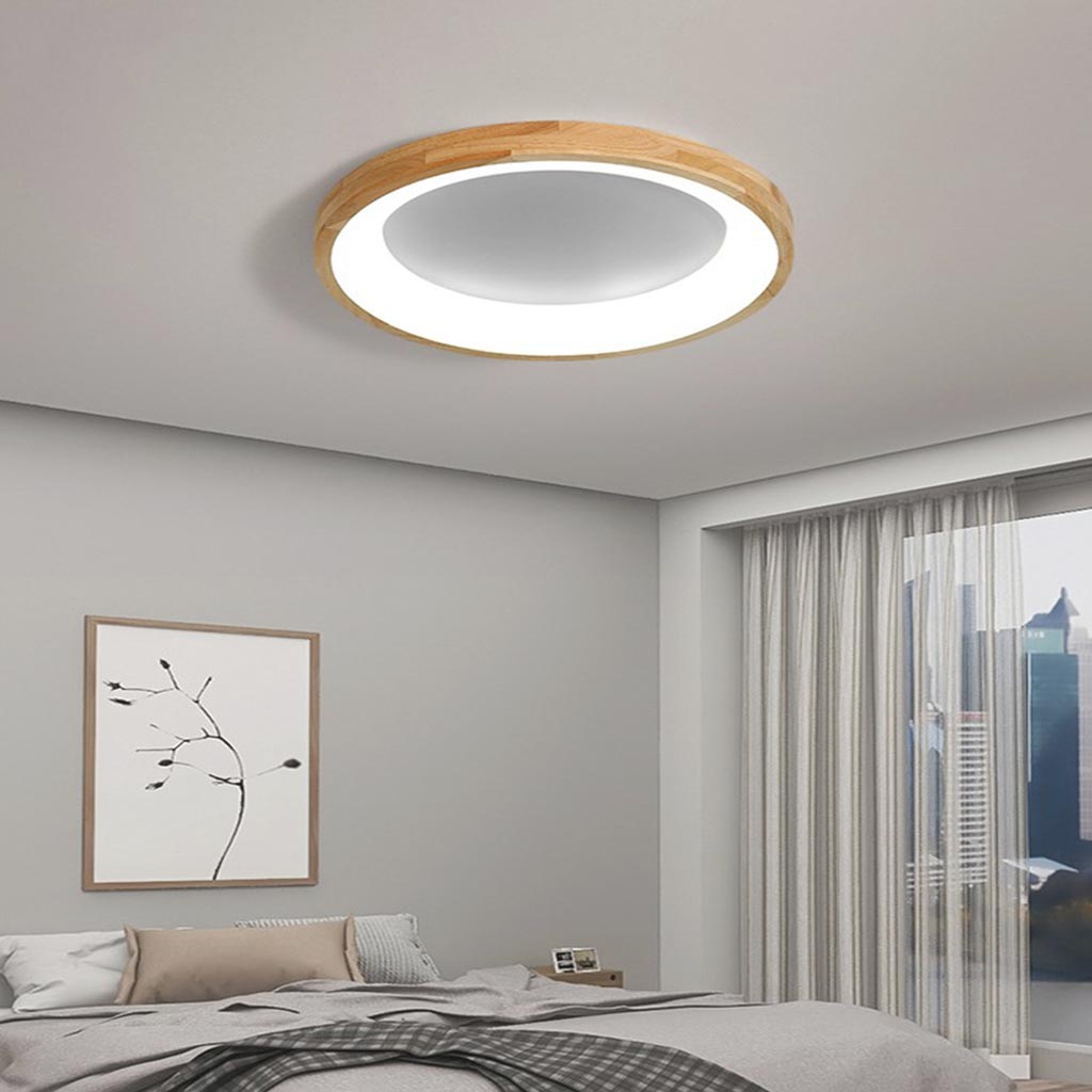 Runde Holz-Deckenleuchte in Naturton, dimmbare LED mit Fernbedienung, skandinavisches Design für das Wohnzimmer | Sansoti