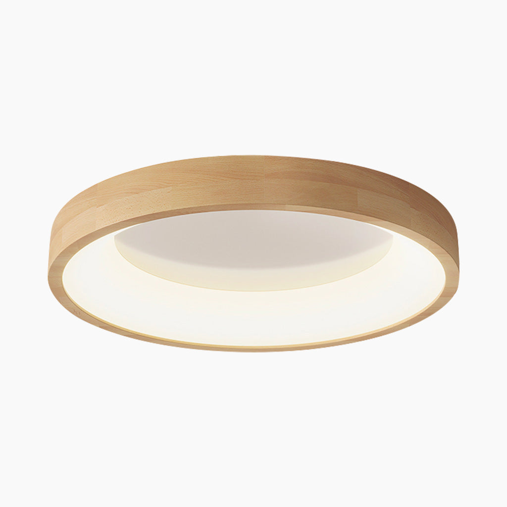 Runde Holz-Deckenleuchte in Naturton, dimmbare LED mit Fernbedienung, skandinavisches Design für das Wohnzimmer | Sansoti